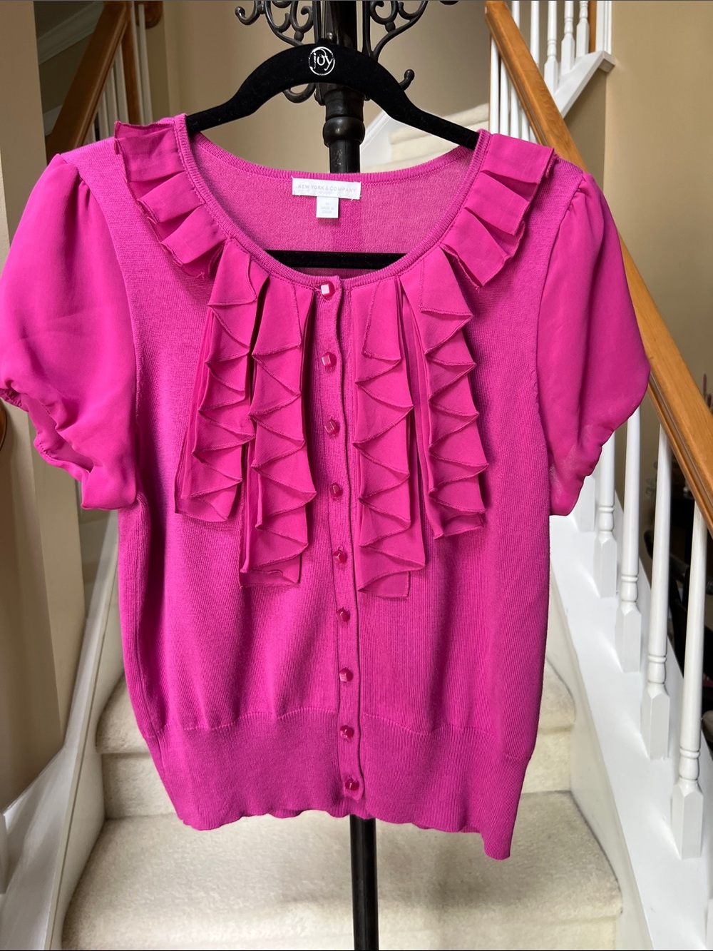 New York & Company Bright Fuchsia Ruffle Front Cardigan